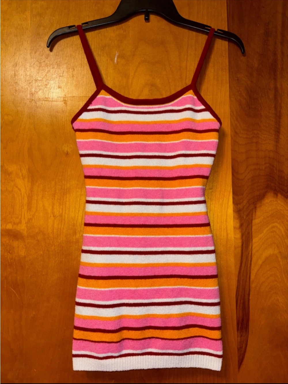 SHEIN Pink & Orange Striped Knit Spaghetti-Strap Mini Dress